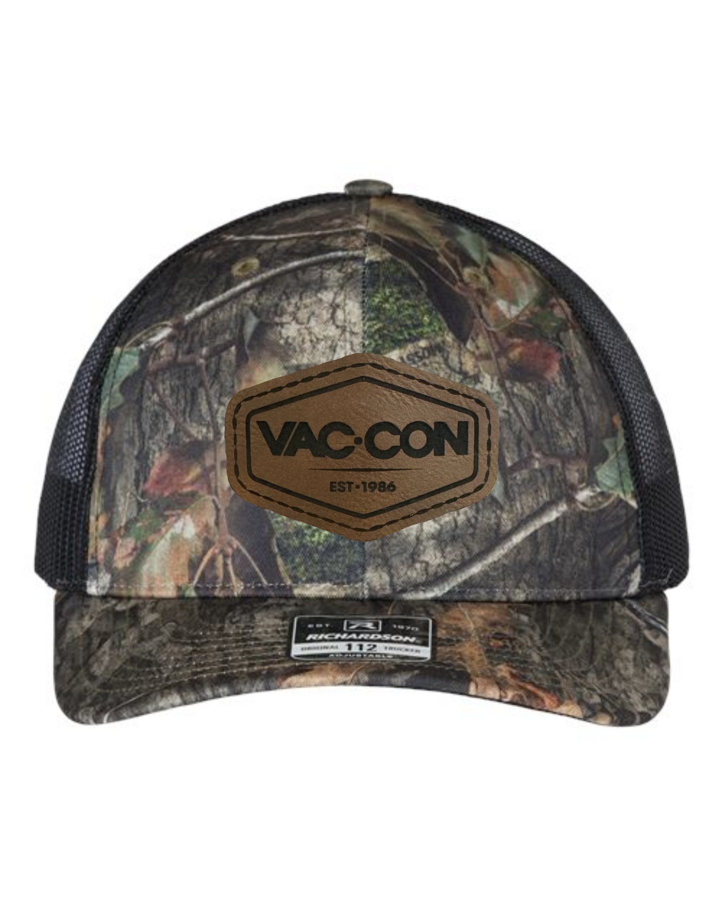 Richardson 112 Mossy Oak/Black Camo Trucker Cap With Vac-Con Leather Patch